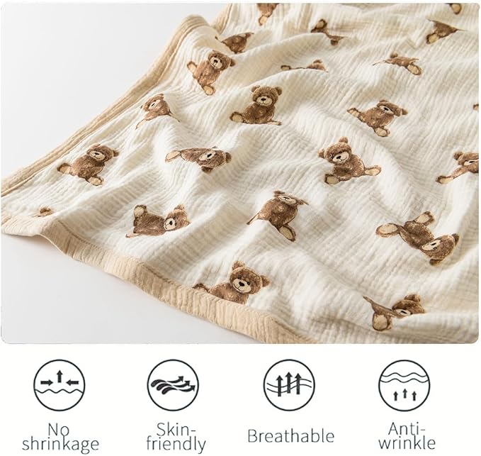 Little Jump 2 Layers Muslin Cotton Baby Blankets - Teddy Bear Toddler Quilt Crib Blanket - Gender Neutral Crib Blanket for Baby Boys and Girls 47"x 47" (Teddy Bears)
