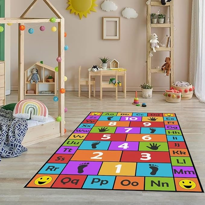 Kid Hopscotch Play Rug, ABC Alphabet Number Educational Carpet, Playroom Classroom Mat Non-Slip Washable (Red 47x71 in)