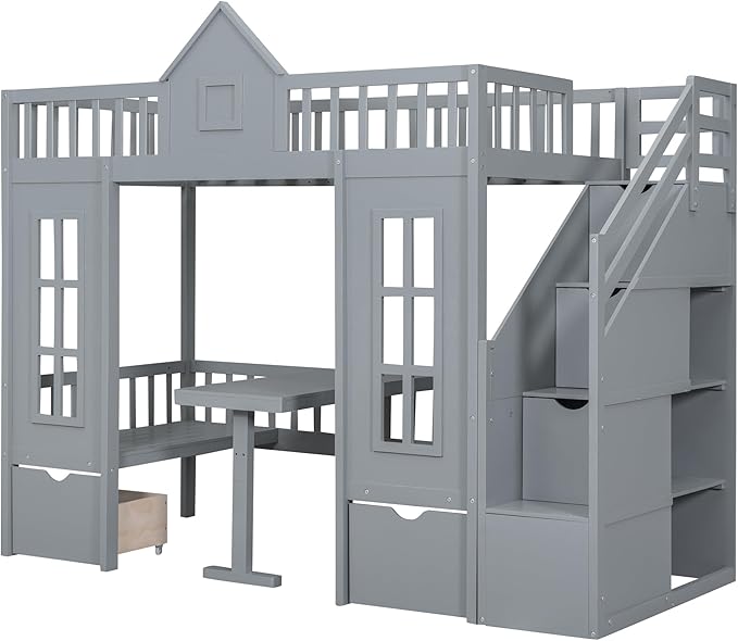 Playhouse Twin Size Loft Bed with Storage Staircase, Solid Wood Bunk Bed Frame with Guardrail for Kids Teens Boys Girls, Down Bed Convertible to Seats and Table Set (Grey-C)