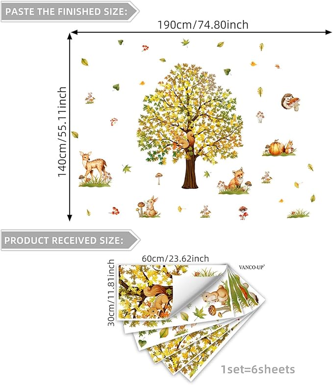 Woodland Forest Wall Decals Large Oak Tree with Animals Removable Peel and Stick Wall Art for Nursery Kids Room Fall Decor Living Room Classroom