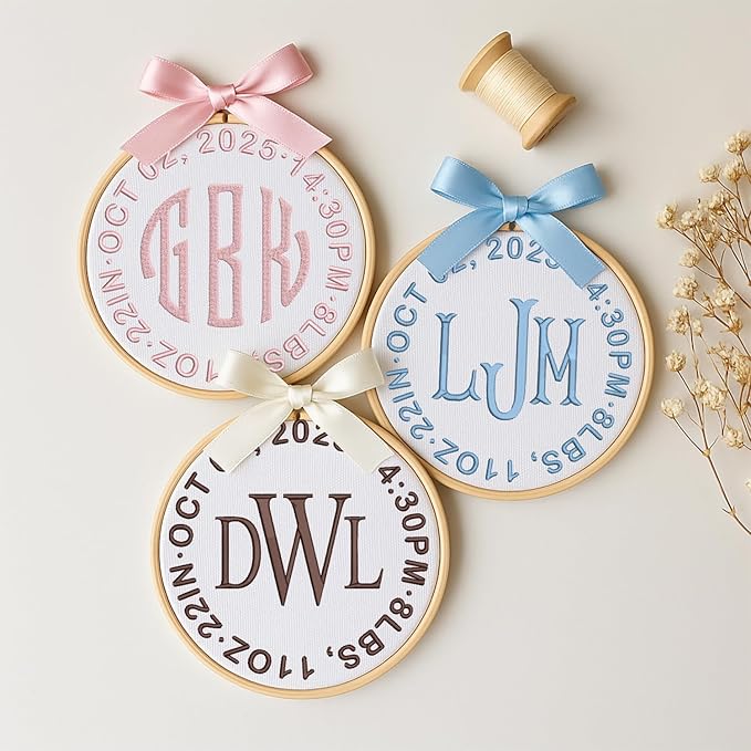 Personalized Baby Name Sign Welcome Baby Announcement Sign Newborn Baby Embroidery Hoop with Bows Baby Hospital Name Sign Custom Infant Baby Name Baby Shower Gifts (14)