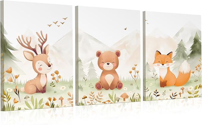 Woodland Nursery Wall Art – Set of 3 Neutral 12×16” Animal Canvas Prints (Deer, Bear, Fox), Printed from Original Hand-Drawn Illustrations, Framed & Ready-to-Hang Baby Room Decor for Boys & Girls