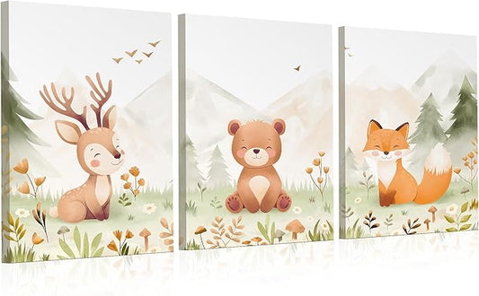 Woodland Nursery Wall Art – Set of 3 Neutral 12×16” Animal Canvas Prints (Deer, Bear, Fox), Printed from Original Hand-Drawn Illustrations, Framed & Ready-to-Hang Baby Room Decor for Boys & Girls