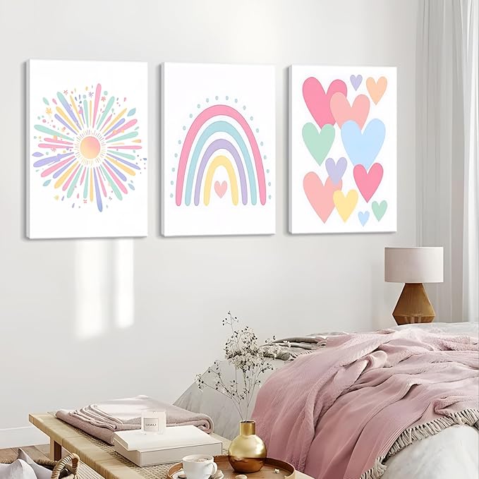 Dytial 3 Piece Toddler Girl Room Decor, Rainbow Wall Decor for Girls Bedroom, Colorful Boho Sunshine Paintings for Nursery Decor, Kids Room Wall Decor, Classroom Decoration 16x24 Inch