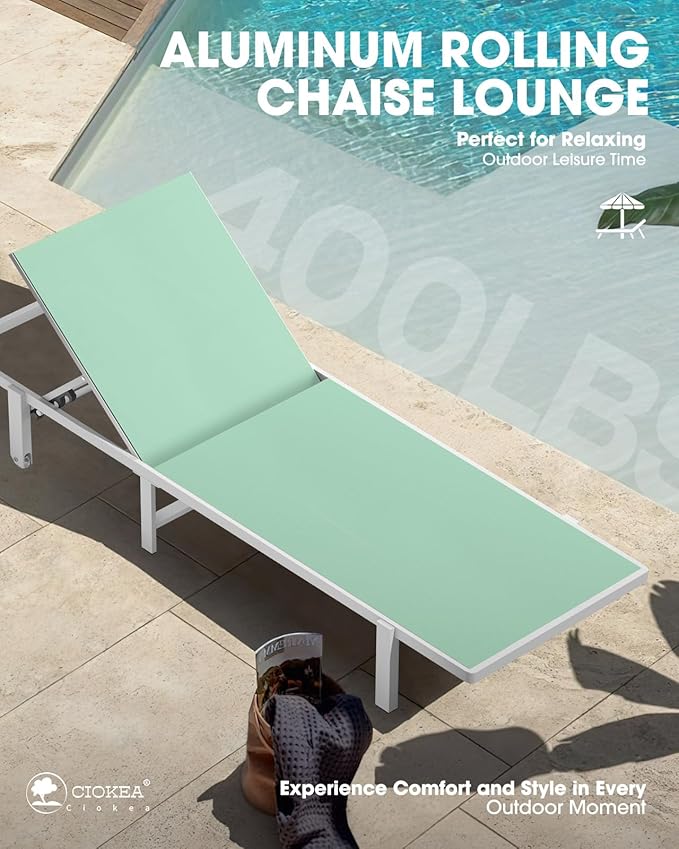 Ciokea Patio Chaise Lounge Chair Set of 2, Outdoor Lounge Chairs with Wheels, 5-Position Adjustable Sun Loungers for Pool, Deck, Beach, Light Green