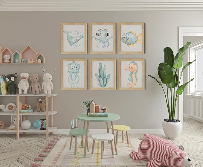 Blue Watercolor Nursery Posters Wall Art Set of 6 Ocean Animal Canvas Art Prints Pictures Sea Whale Jellyfish Seahorse Wall Decor Paintings Nautical Beach for Baby Kids Room 12x16 Inch Unframed﻿