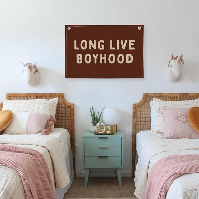 Long Live Boyhood Linen Banner – Boys Room Wall Hanging, Playroom & Nursery Decor, Toddler Room Flag, Aesthetic Boys Bedroom Sign – Chocolate Brown