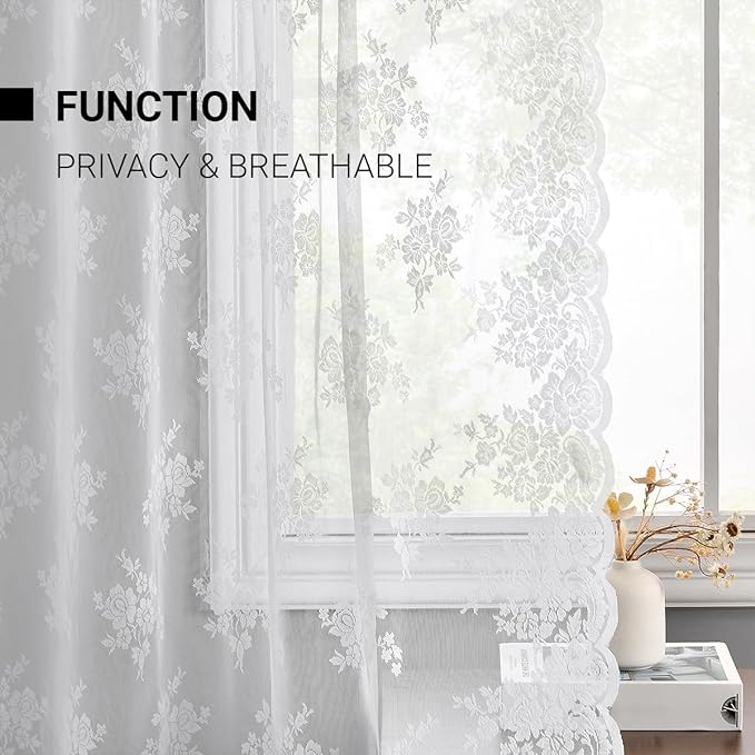 Kotile White Lace Curtains 72 Inch Length - Country Floral Vintage Lace Curtains for Bedroom, Rod Pocket Sheer Window Drapes, Floral Window Curtain Panels, 52 x 72 Inch, 2 Panels, White
