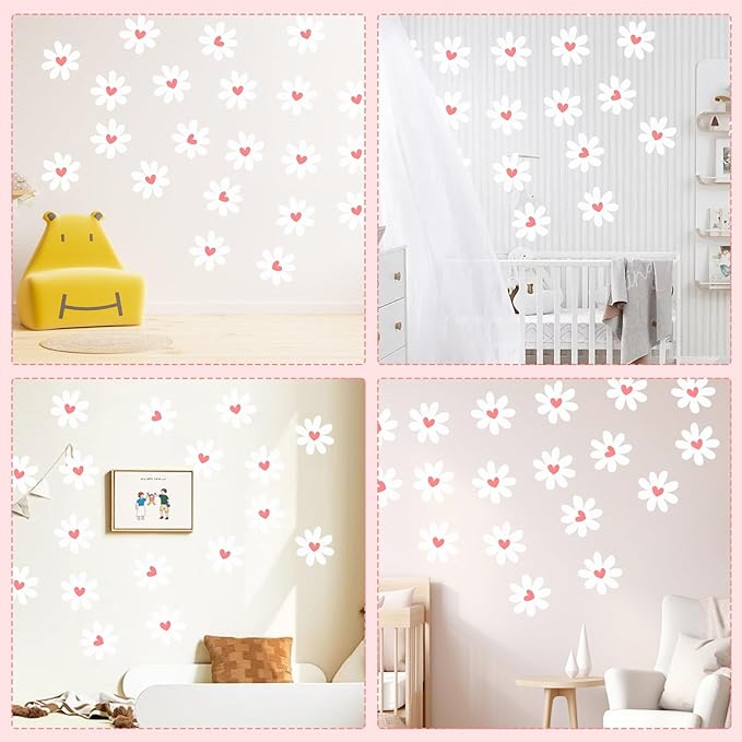 12 Sheets Daisy Wall Decals, Pink Heart Daisy Flowers Wall Stickers, Large Vinyl Peel and Stick for Living Room Bedroom Baby Girls Room Nursery Room Decoration