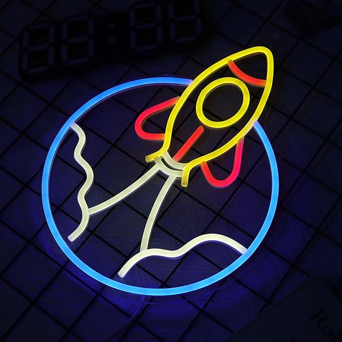 Rocket Neon Sign, LED Light Room Decor, USB Powered Light Up Space Element Universe Theme Decoration, for Bedroom Living Room Gaming Room Man Cave Home Party Birthday Gift for Teen Boys