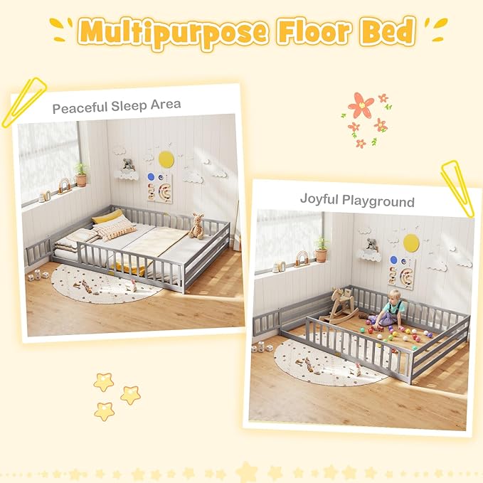KOMFOTT Queen Size Wood Floor Bed with Door & Fence, Montessori Bed Frame with Full Length Safety Guardrails, Door & Latch, Wooden Montessori Floor Bed for Kids, Girls, Boys (Queen,Grey)