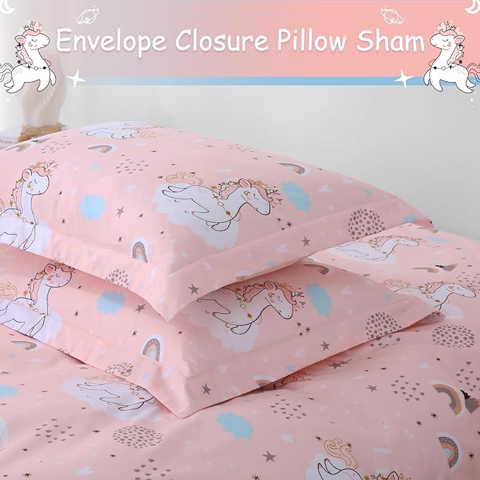 JSD Pink Unicorn Kids Duvet Cover Set Queen Size, 3 Piece Girls Printed Microfiber Bedding Comforter Cover with Pillow Shams Zipper Closure, Comforter Not Included