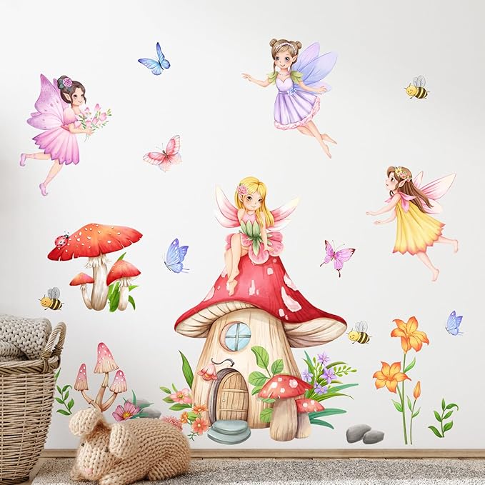 Supzone Mushroom House Fairy Wall Decals Elf Flowers Butterflies Wall Stickers Peel and Stick Vinyl Wall Art Decor for Girls Baby Nursery Bedroom Living Room