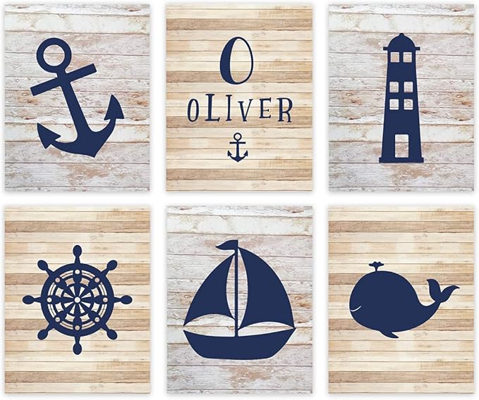 Andaz Press Personalized Ocean Nautical Sailor Theme Nursery Kids Bedroom Hanging Wall Art Decor, 8.5x11-inch, Rustic Distressed Wood, Anchor, 6-Pack, Custom Name Unframed Room Poster