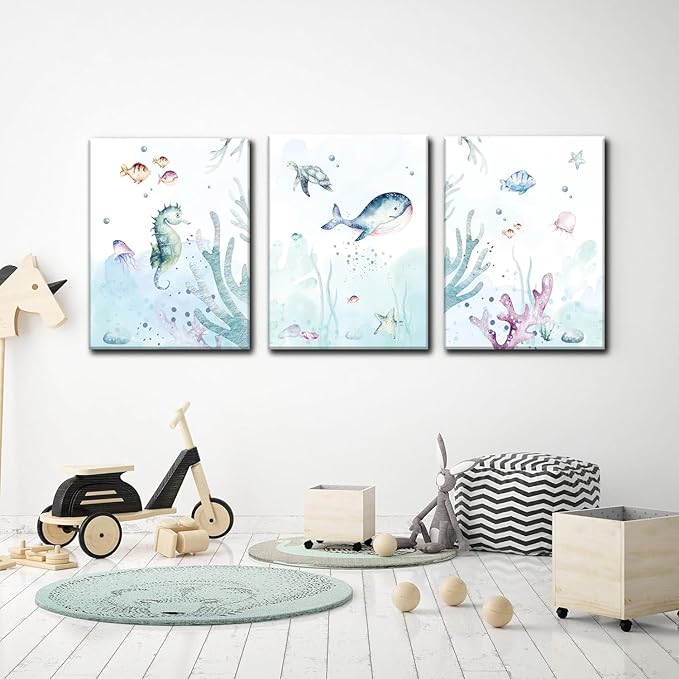 Wodkwq Ocean Nursery Decor, Set of 3 Boys Room Sea Animal Wall Art Picture Canvas Prints, 12x16 Inch Framed