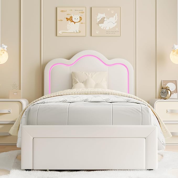 GarveeHome Twin Upholstered LED Bed Frame with Headboard, Faux Leather Princess Platform Bed Fram for Kids, Wooden Slats Support, No Box Spring Needed (Cream with Drawer, Twin)