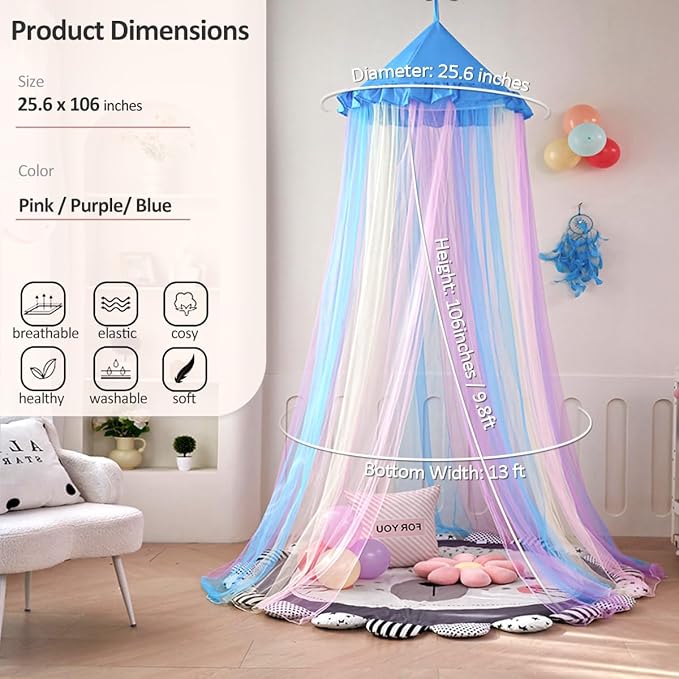 Kertnic Rainbow Bed Canopy for Girls Dreamy Mosquito Net for Bed Round Dome Princess Bed Canopy Girl Room Play Tent Kids Canopy Bed Netting Curtains (Single Layer- Blue)