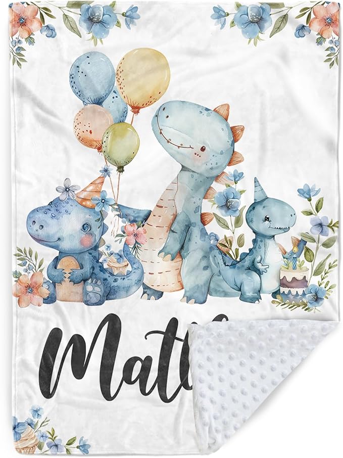 Personalized Baby Name Blanket for Boy Girl, Soft Flannel Blanket with Double Layer Dotted Backing for Infant Newborn, Nursery Crib with Dinosaur Design, Customized Gifts for New Mom(60" x80)
