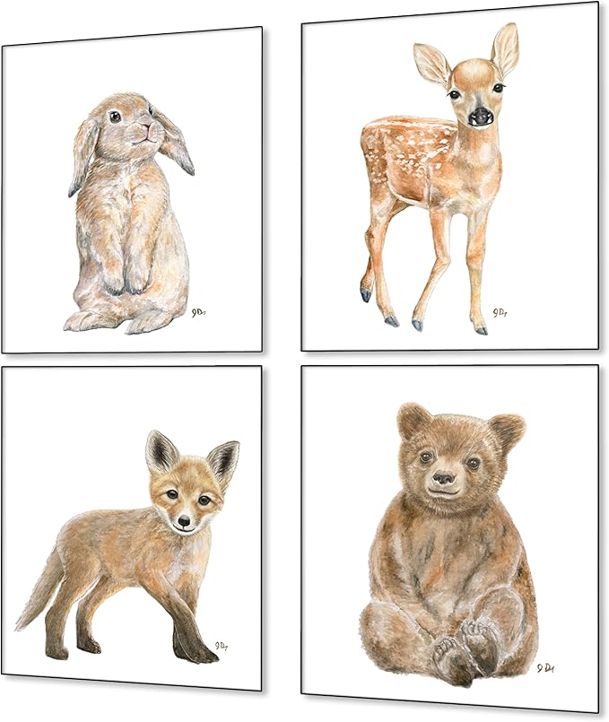 James River Studios Woodland Animal Nursery Prints Unframed Set of 4, Pick Your Baby Animals and Print Size, Original Watercolor Art Signed By Artist