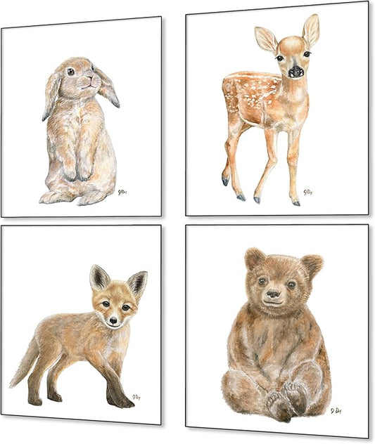 James River Studios Woodland Animal Nursery Prints Unframed Set of 4, Pick Your Baby Animals and Print Size, Original Watercolor Art Signed By Artist