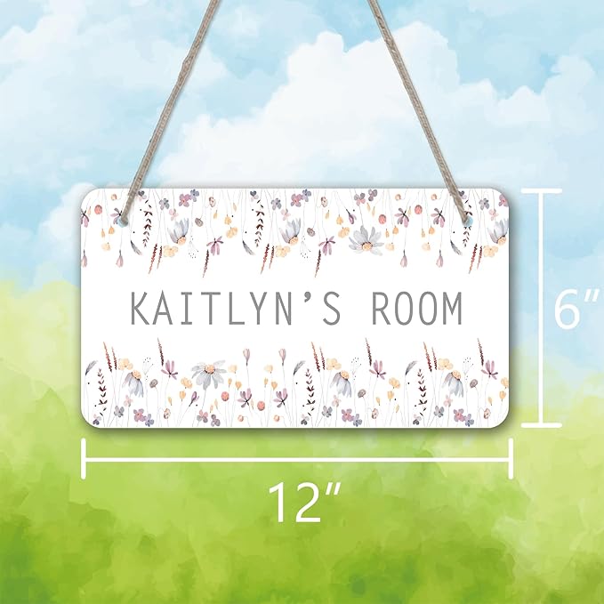 Pastel Flower Design Personalized Room Door Sign Custom Name Signs Kids Girls Bedroom Decor Nursery Dorm Farmhouse Baby Room Wood Hanger Toddler Art Wall Plaque 12x6 Inches