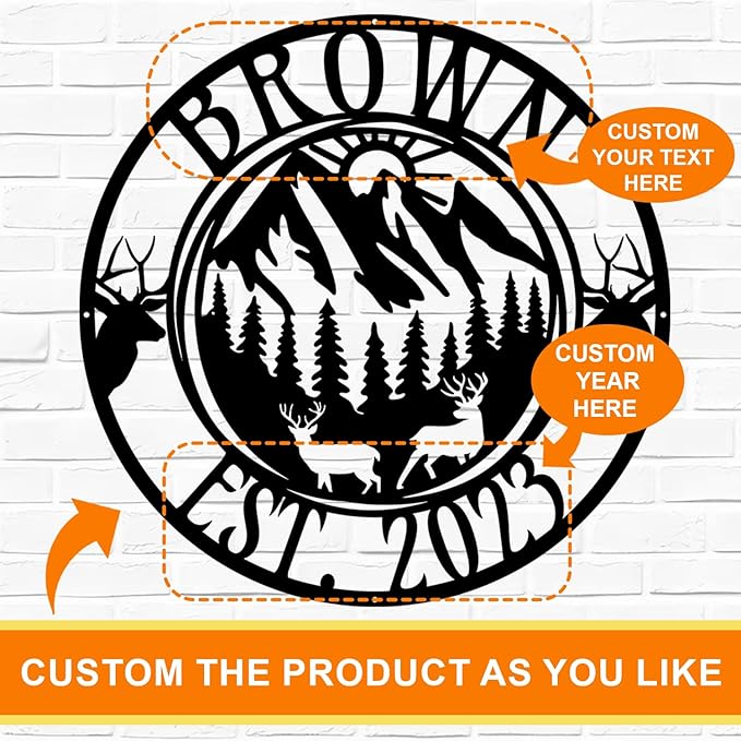 Custom Deer Forest Metal Sign, Personalized Mountain Deer Scene Monogram Sign, Farm & Outdoor Name Sign, Deer Hunting Metal Wall Art, Unique Outdoor Decor