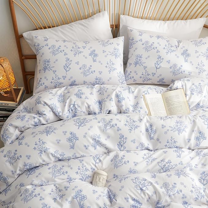 Blue Floral Duvet Cover Twin Cornflower Blue Botanical Flower Bedding Set Reversible Garden Coquette Bedding Girls Soft Microfiber 2Pcs Zipper Closure（No Comforter）