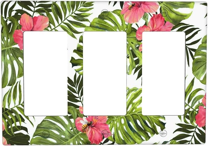 Tropical Plant Green Palm Light Switch Cover Triple Rocker Decorative 3 Gang Switches Plates and Outlet Covers Banana Leaves Pink Flower Rainfores Jungle Botanical Switchplate Wallplate