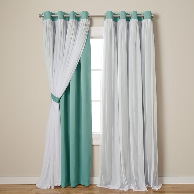TOWN & COUNTRY LUXE Talia Double Layer Indoor Curtains, Sheer and Room Darkening Blackout, Grommet Top, Energy Efficient, 2-Pack Set, 52"x96", Turquoise