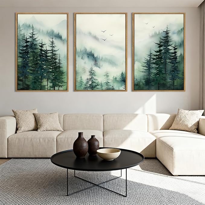 Anyzal Large Foggy Forest Wall Art Decor Framed Abstract Misty Mountain Artwork Prints for Living Room Bedroom Office 16x24 Inch Set of 3