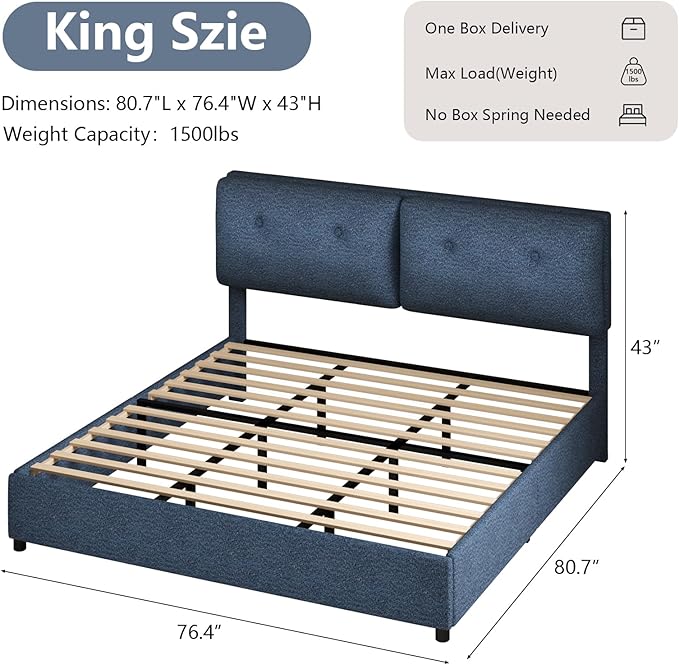 Boucle Upholstered Bed Frame King Size, Low Platform Bed King, Modern Soft Style, Adjustable Headboard, No Box Spring Needed, Easy Assembly, Blue