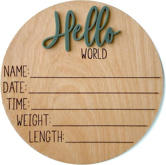 Hello World Newborn Sign, Baby Announcement Sign, Birth Announcement Sign, Hello World Nursery Sign, Baby Hospital Sign, Photo Prop for baby girl boy - (Dark Sage)