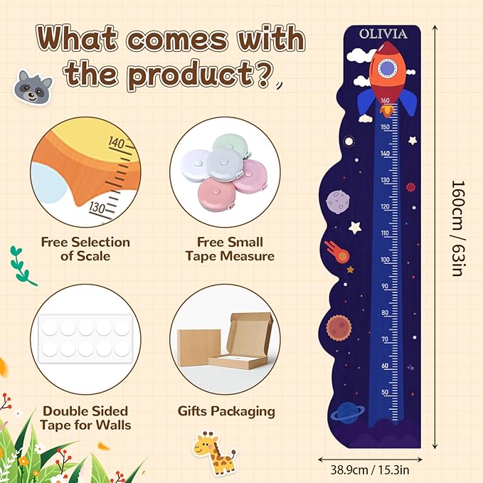 Personalized Wooden Rocket Ship Growth Chart Height Ruler,Custom Name Height Measurement Toddler Boys Girls,Nursery Wall Decor Baby Room,Kids Height Wall Chart,Height Measurement Children