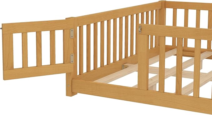 Bellemave Queen Floor Bed Frame with Rails and Door, Solid Wood Montessori Queen Size Floor Bed for Kids, Low Profile Montessori Beds with Removable Slats, Natural