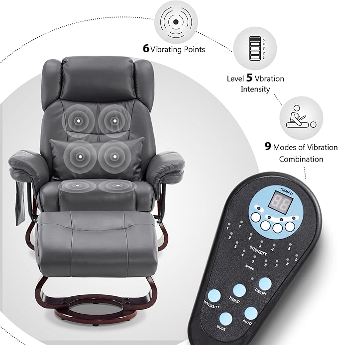 MCombo Swivel Recliner with Ottoman, Faux Leather TV Chair with Vibration Massage, Ideal for Small Space, Living Room & Bedroom 4734 (Grey)