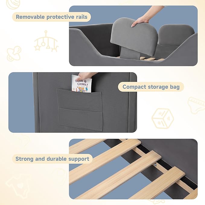 Toddler Bed Frame with 2 Drawer and Storage Bag, Kids Bed with Removable Safety Rails, Standard Crib Size Portable Beds, Safety Upholstered Child Beds for 1-6 Years Old