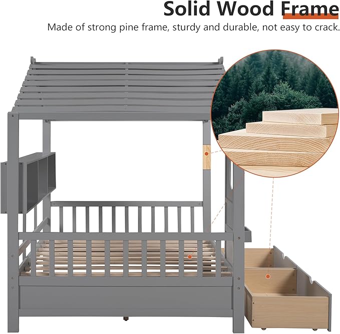 Full Size Bed Frames for Kids, House Bed with Window and Fence, Wood Platform Bed Frame with Drawers and Shelves, Playhouse Bed for Boys Girls, Gray, 78" L x 58" W x 72" H