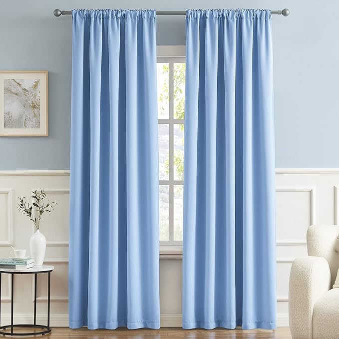 DUALIFE Light Sky Blue Curtains Room Darkening Curtains, Rod Pocket and Back Tab Thermal Insulated Drapes 52x90 Inch, 2 Panels