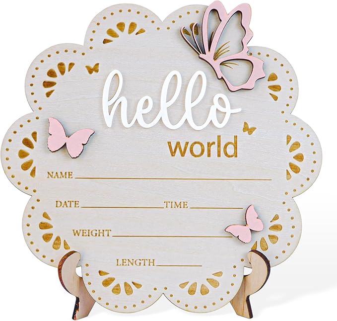 Baby Announcement Sign Butterfly, 6.5 Inch Wooden Hello World Newborn Welcome Sign Birth Baby Name Plaques for Photo Props Baby Shower Hospital Nursery BABY3