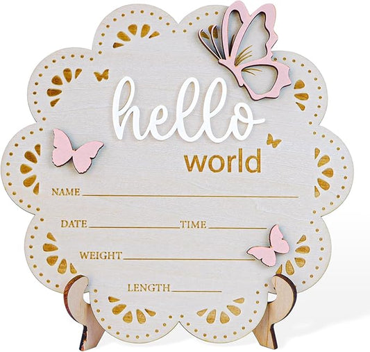 Baby Announcement Sign Butterfly, 6.5 Inch Wooden Hello World Newborn Welcome Sign Birth Baby Name Plaques for Photo Props Baby Shower Hospital Nursery BABY3