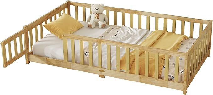 Twin Size Floor Bed for Kids, Wood Montessori Floor Beds with Fence Railings, Door & Slats Support, Twin Playhouse Bed Frame for Boys Girls, No Box Spring Needed, Natural