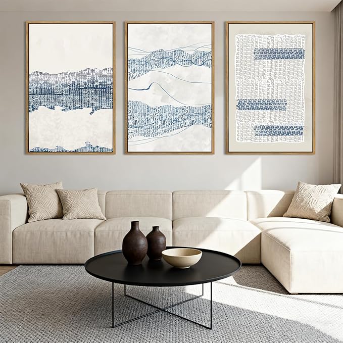 IARTTOP Large Blue Abstract Framed Canvas Wall Art 16x24 Inch Neutral Modern Art Prints Minimalist boho Artworks for Living Room Bedroom Office Set of 3