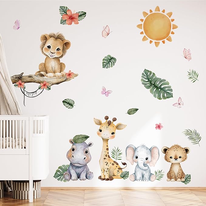 Animal Wall Decals,Animals Giraffe Lion Theme Art Wall Sticker Decors,Peel and Stick Elephants Giraffe Lion Decals for Kids Bedroom Nursery Playroom Library Living Room and Bedroom Decor