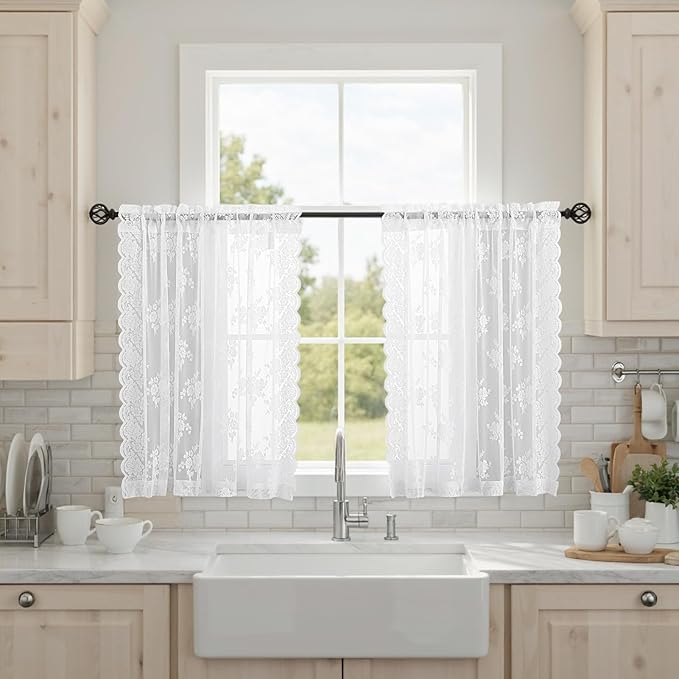 Kotile Short Lace Curtains 30 Inch Length 2 Panels Set, Country Floral Vintage White Lace Kitchen Curtains Over Blinds, Rod Pocket Privacy Sheer Lace Café Curtains for Small Windows, Each 52 x 30 Inch