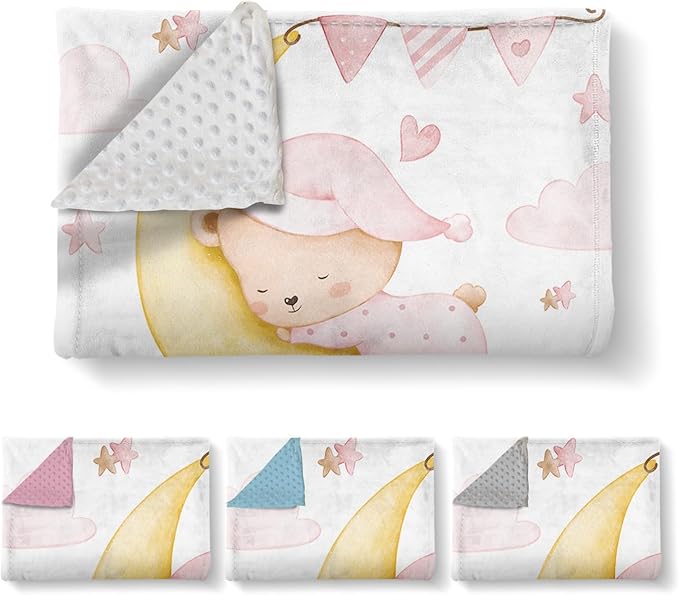 Personalized Baby Blanket for Girls, Custom Name Blanket for Newborn Toddler, Soft Flannel with Double Layer Dotted Backing, Gifts for Baby Shower Christmas Birthday, Pink Moon Bear(47" x60)