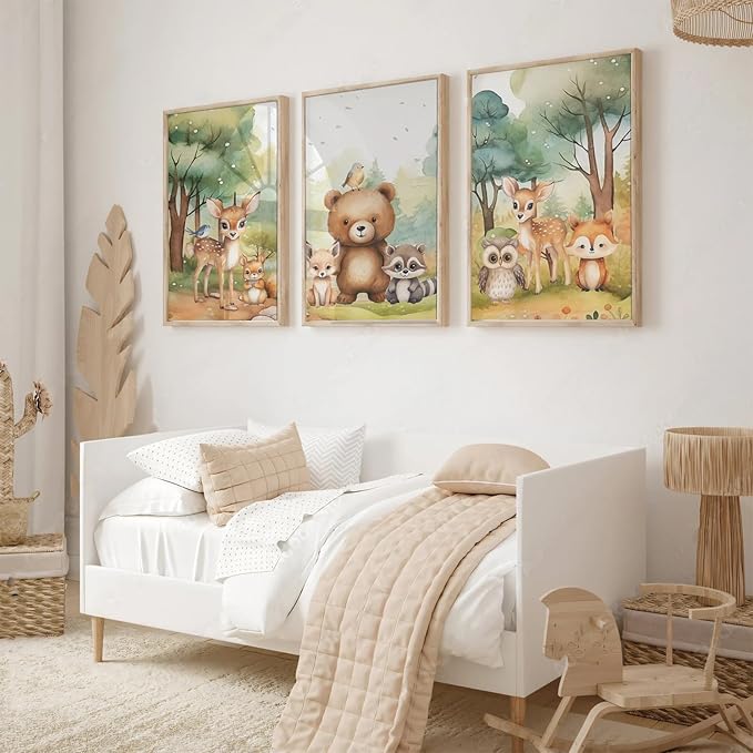 3Pcs Woodland Animal Nursery Wall Art Forest Animal Wall Decor Cute Watercolor Deer Bear Fox Poster Canvas Prints Paintings Pictures Artwork for Kids Baby Bedroom Decor Unframed Poster 16X24in