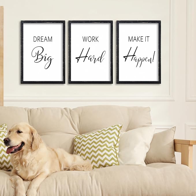 LuZhiQiang Inspirational Positive Wall Decor 16"×11" Dream Big Work Hard Make it Happen Sign Set Of 3 Large Wood Framed Motivational Quotes for Office Living Room Home Art Women Hanging (Black)
