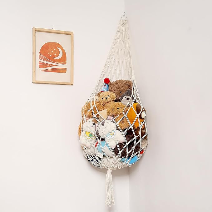 Stuffed Animal Storage Organizers Toy Hammock Corner Hanging Net Stuffy Animal Hammock Macrame Toy Display Plush Toy Holder Wall, Kid Bedroom Decor Boho Nursery Playroom Organizer (Cream XL)