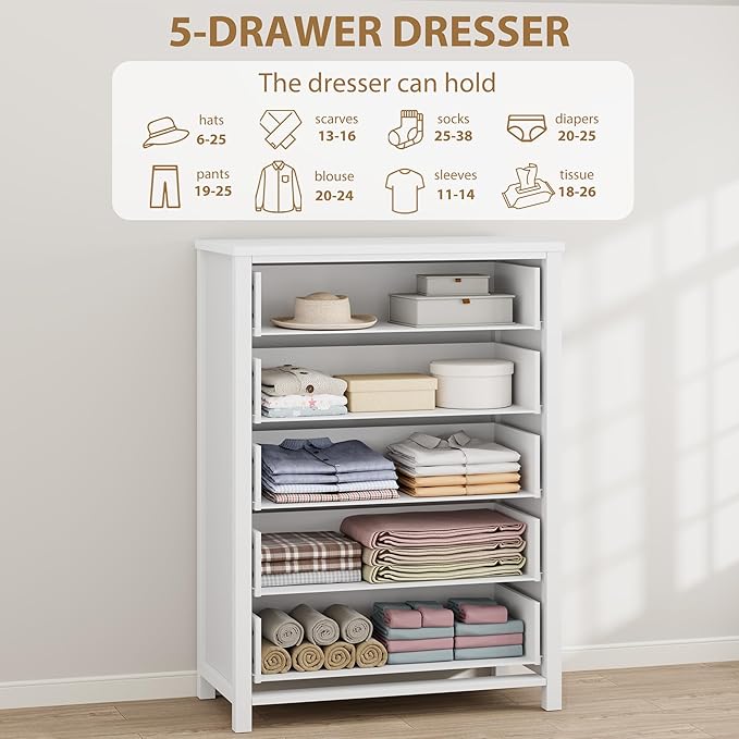 IDEALHOUSE Dresser for Bedroom with 5 Drawers, 45'' Tall Chest of Large Drawers with Large Clothes Storage Cabinet, Wood Bedroom Dresser, TV Stand for Nursery, Living Room, Enterway, White
