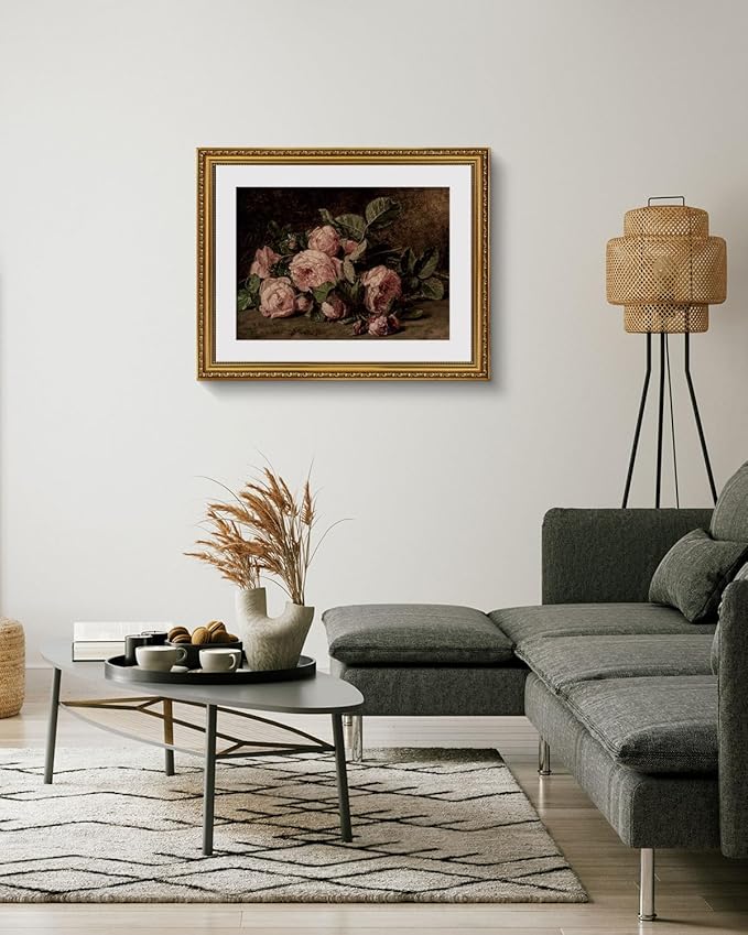 ARPEOTCY Vintage Gold Framed Large Wall Art, Retro Still life Pink Roses Canvas Prints Artwork with Antique Frame, Victorian Wall Paintings Decor for Living Room Gallery, 16x20 inch